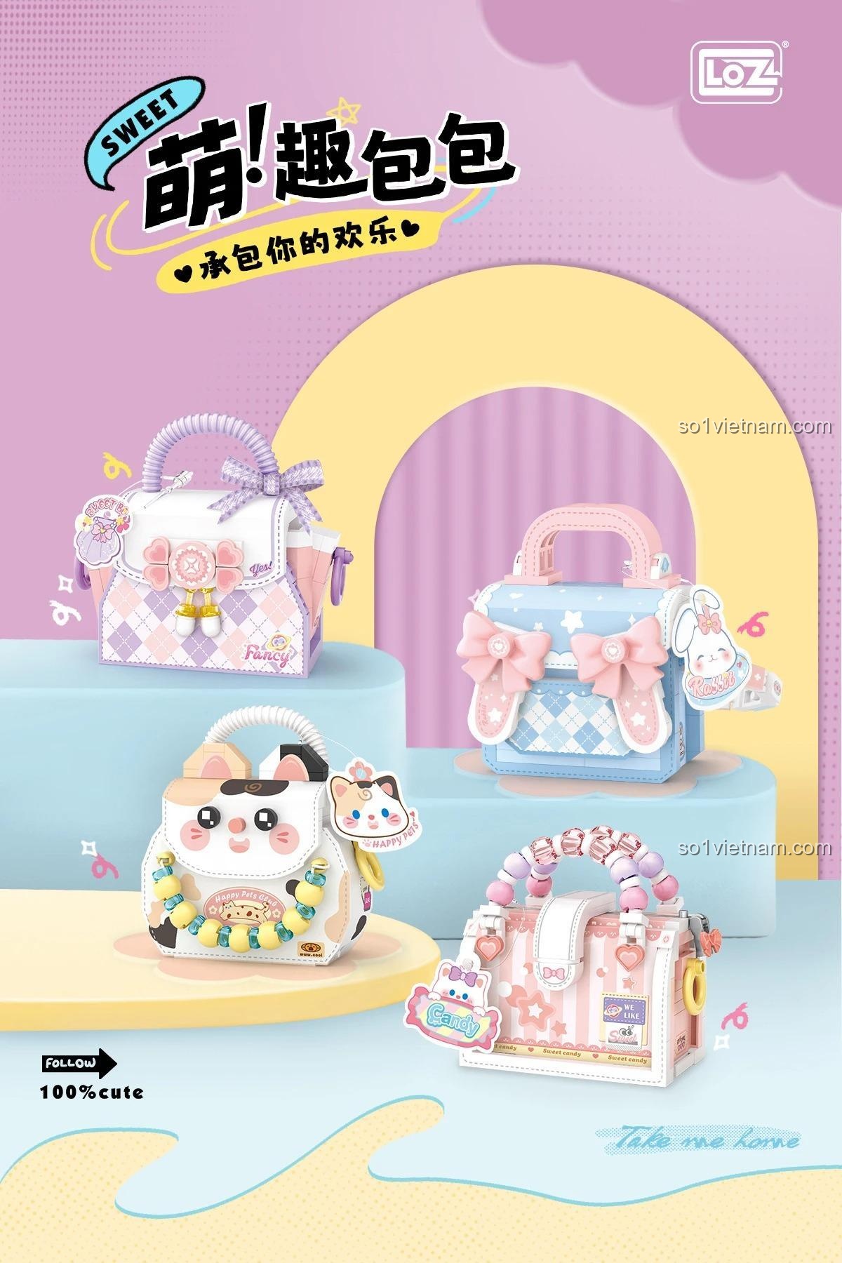 Bộ sưu tập đồ chơi mô hình túi xách mini LOZ, bao gồm LOZ 8843 túi xách mèo dễ thương, phù hợp con gái 14 tuổi, giá tiết kiệm.