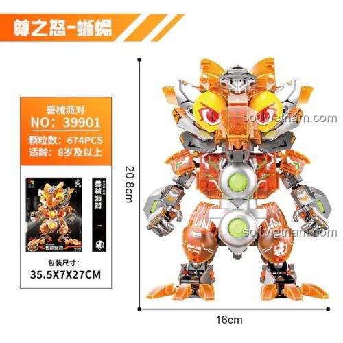 Hình ảnh thể hiện kích thước của đồ chơi mô hình Robot Thằn Lằn 39901 và hộp sản phẩm. Chiều cao mô hình 20.8cm, chiều rộng 16cm. Hộp kích thước 35.5x27x7cm.