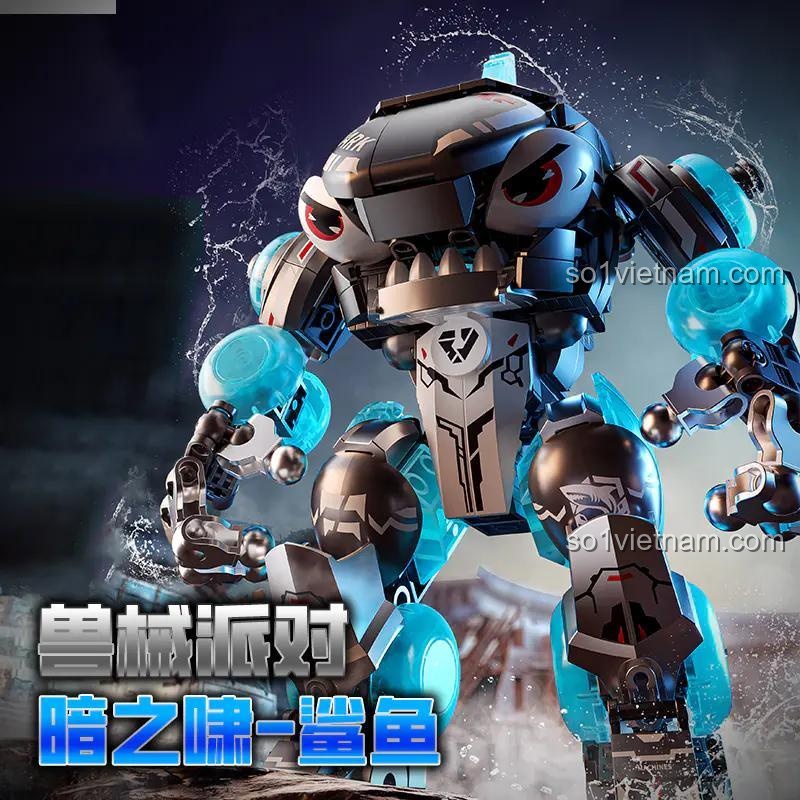 Hình ảnh bộ lắp ráp Robot biến hình Cá Mập trong tư thế chiến đấu hùng dũng, một sản phẩm chất lượng cao của Luck Brick.