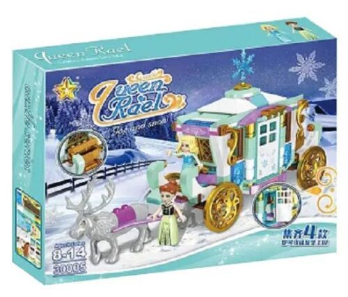 Hộp sản phẩm Lucky Star 30005 Cung điện băng giá xe ngựa tuần lộc, đồ chơi lắp ghép cho bé gái 8 tuổi, có 2 minifigures, màu sắc chủ đạo trắng xanh hồng vàng, kích thước hộp 33x45x6.8 cm