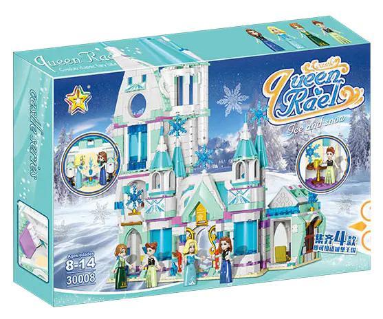 Hộp sản phẩm Lucky Star 30008 Lâu Đài Băng Giá Mộng Mơ, bộ lắp ghép cung điện băng giá cho bé gái 8-14 tuổi, với các minifigure xinh xắn, màu sắc chủ đạo trắng và xanh dương, kích thước hộp 34x52x6.8cm