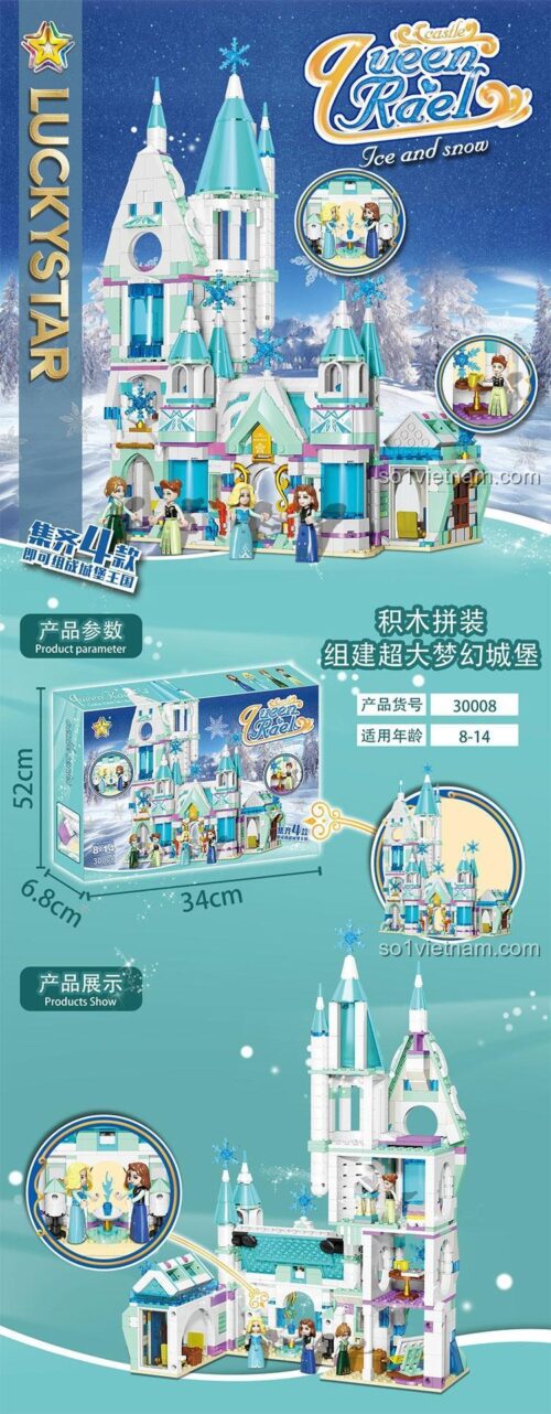 Mô hình Lâu Đài Băng Giá Mộng Mơ Lucky Star 30008, bộ lắp ghép cung điện băng giá với các minifigure, màu trắng và xanh dương, kích thước 34x52x6.8cm