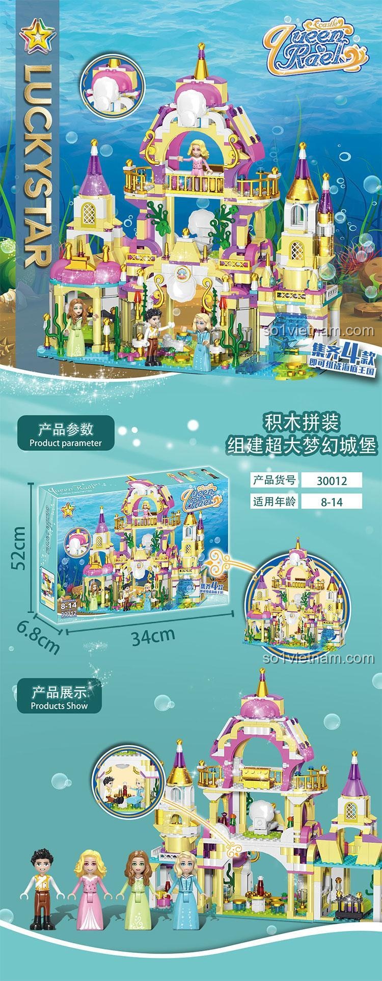 Bộ đồ chơi Lucky Star 30012 Cung điện dưới biển sau khi mở hộp, hiển thị mô hình và các minifigures
