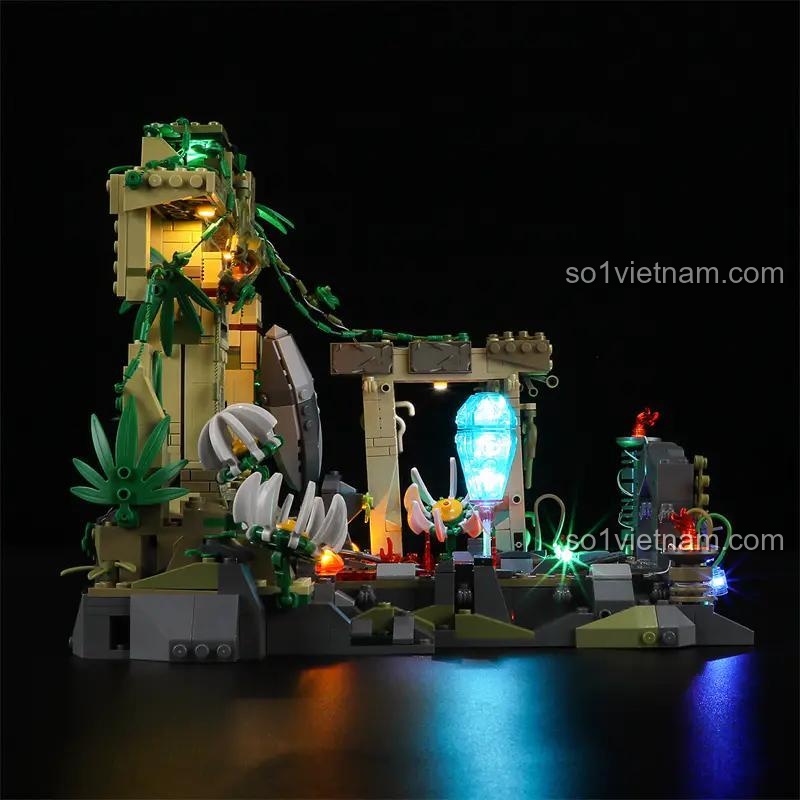 Bộ xếp hình Lumibricks F9010 Di Tích Đền Thờ Rừng Rậm có đèn LED, chi tiết cây cối, mang lại trải nghiệm lắp ráp thú vị cho bé trai 8 tuổi.
