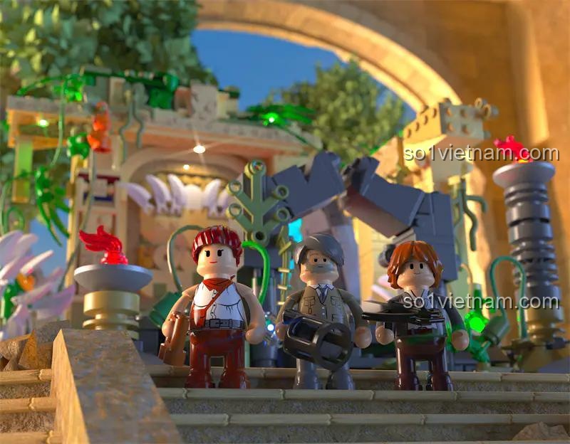 Đồ chơi xây dựng Đền Thờ Cổ Đại Trong Rừng F9010, cận cảnh 3 minifigures với vũ khí, phát triển kỹ năng cho bé trai 8 tuổi.