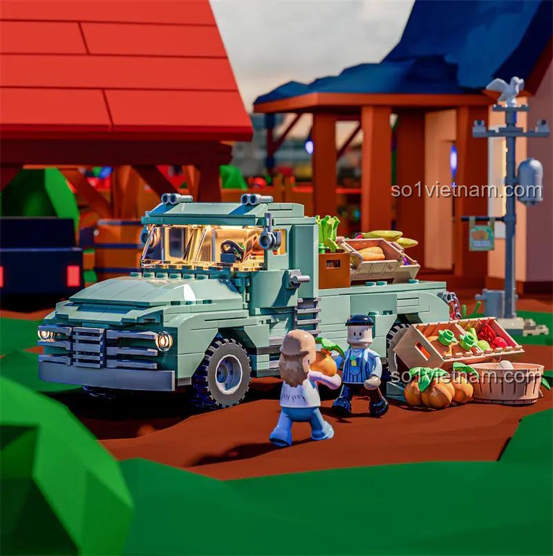 Chi tiết xe tải nông trại Lumibricks F9016: đầu xe, đuôi xe, khoang lái, nông sản