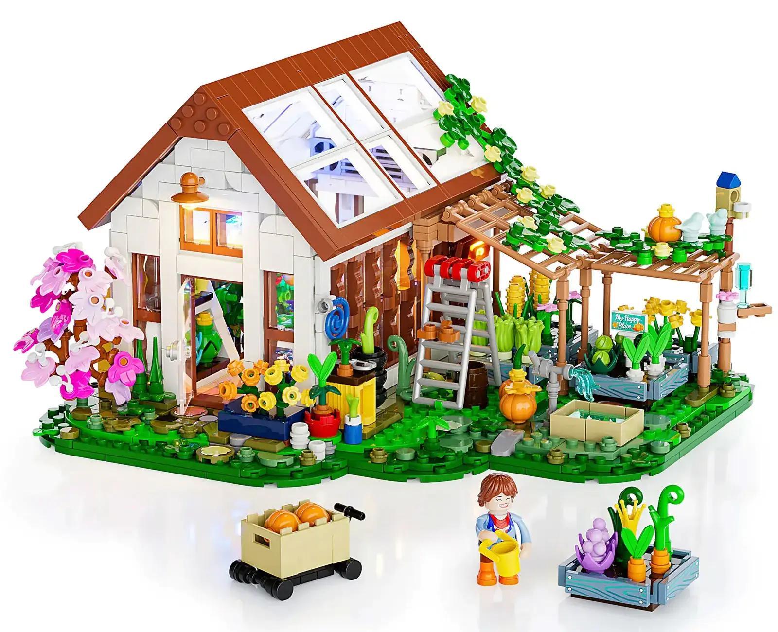 Bộ lắp ghép Lumibricks F9059 Nhà Vườn Ươm Gia Đình, mô hình nhà kính với đèn LED lung linh, khu vườn xanh mát với hoa và rau củ, có minifigure người làm vườn và xe đẩy, đồ chơi sáng tạo cho bé 16 tuổi