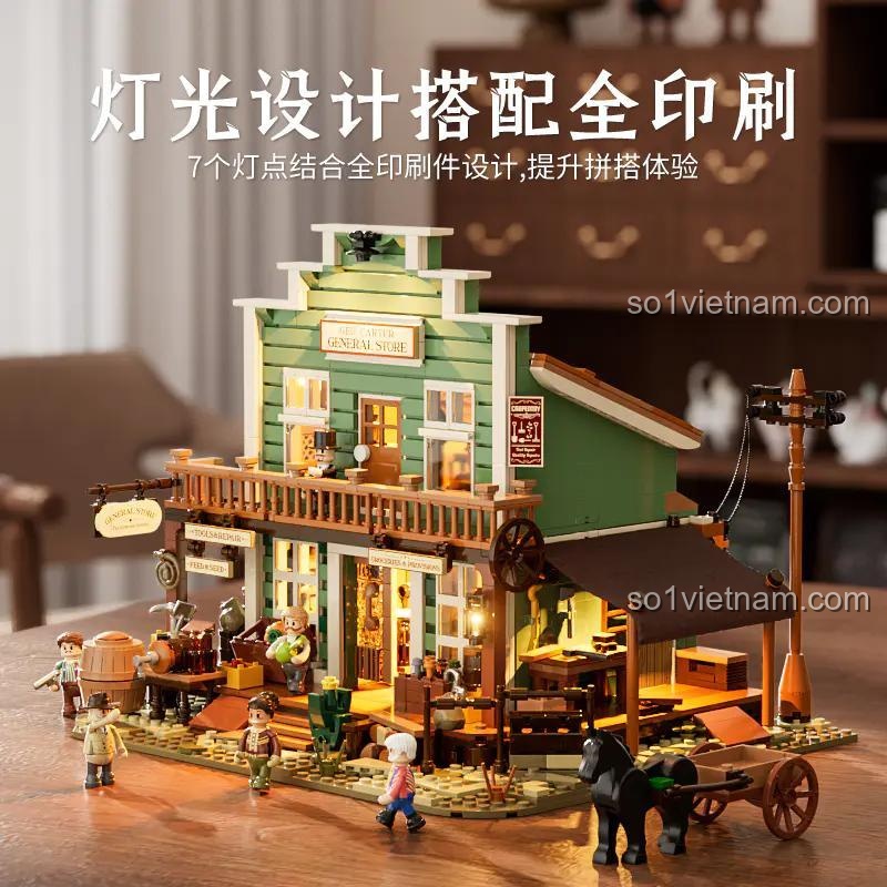 Chi tiết đèn LED Cửa hàng Tạp hóa Miền Tây Cổ Lumibricks F9057, tạo không khí ấm cúng và chân thực, đồ chơi mô hình cao cấp