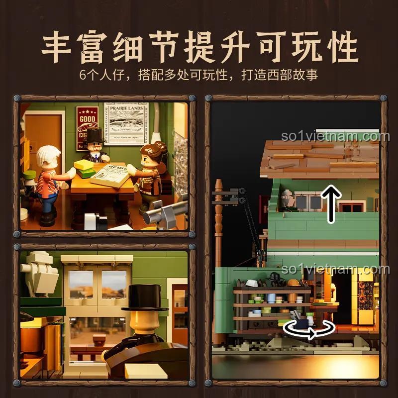 Các chi tiết và minifigures Cửa hàng Tạp hóa Miền Tây Cổ Lumibricks F9057, tăng tính tương tác và khả năng sáng tạo câu chuyện, đồ chơi lắp ghép