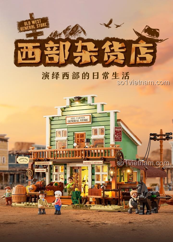 Tái hiện cảnh đời sống miền Tây với Cửa hàng Tạp hóa Lumibricks F9057, ngựa, xe kéo, minifigures, đồ chơi mô hình