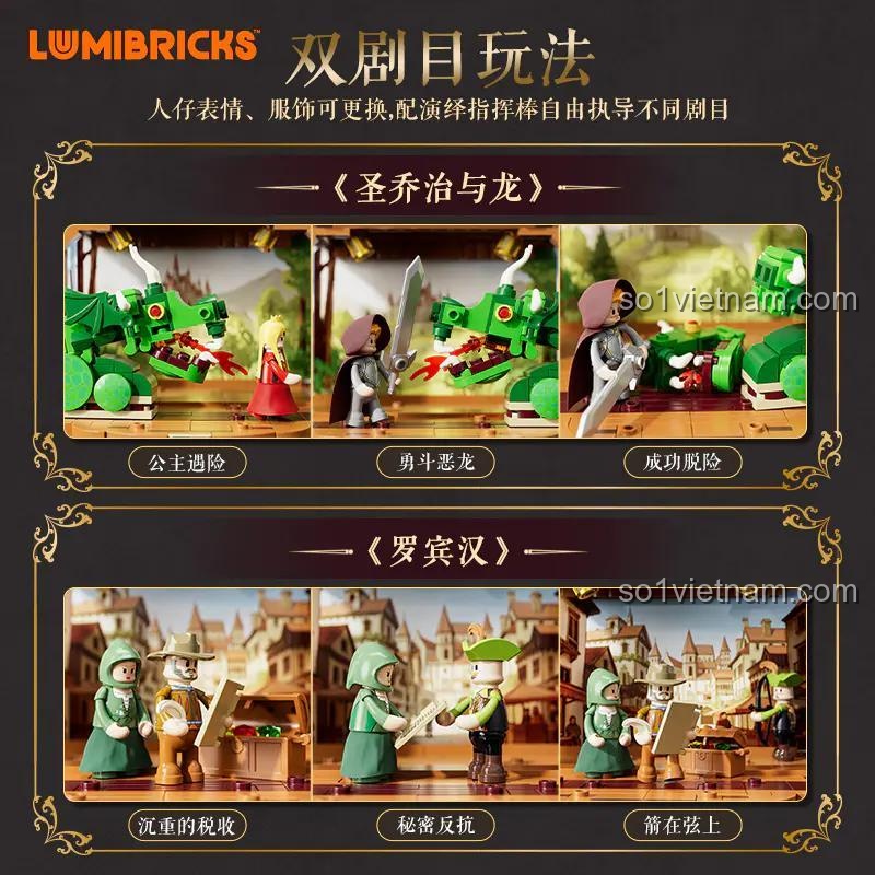 bộ xếp hình Đoàn Kịch Biểu Diễn Thời Trung Cổ Lumibricks L9063, minh họa kịch bản Thánh George và Rồng, Robin Hood, cho con trai 16 tuổi