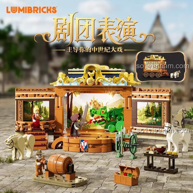 bộ lắp ráp Đoàn Kịch Biểu Diễn Thời Trung Cổ Lumibricks L9063, sân khấu chính với rồng và kỵ sĩ, phù hợp con trai 16 tuổi