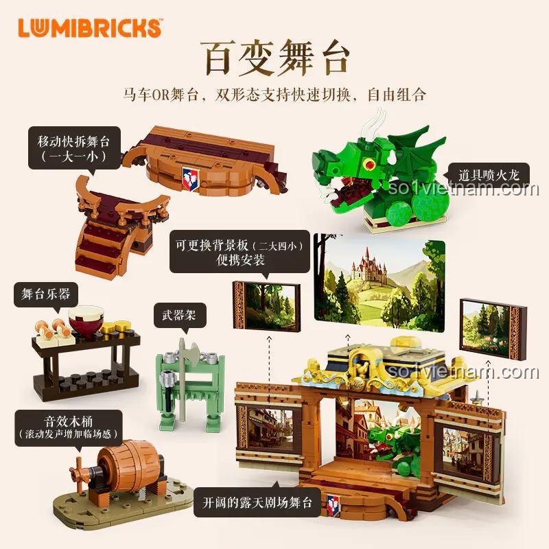 đồ chơi xếp hình Đoàn Kịch Biểu Diễn Thời Trung Cổ Lumibricks L9063, sân khấu đa năng chuyển đổi 2 kiểu, có phông nền thay đổi, cho con trai 16 tuổi