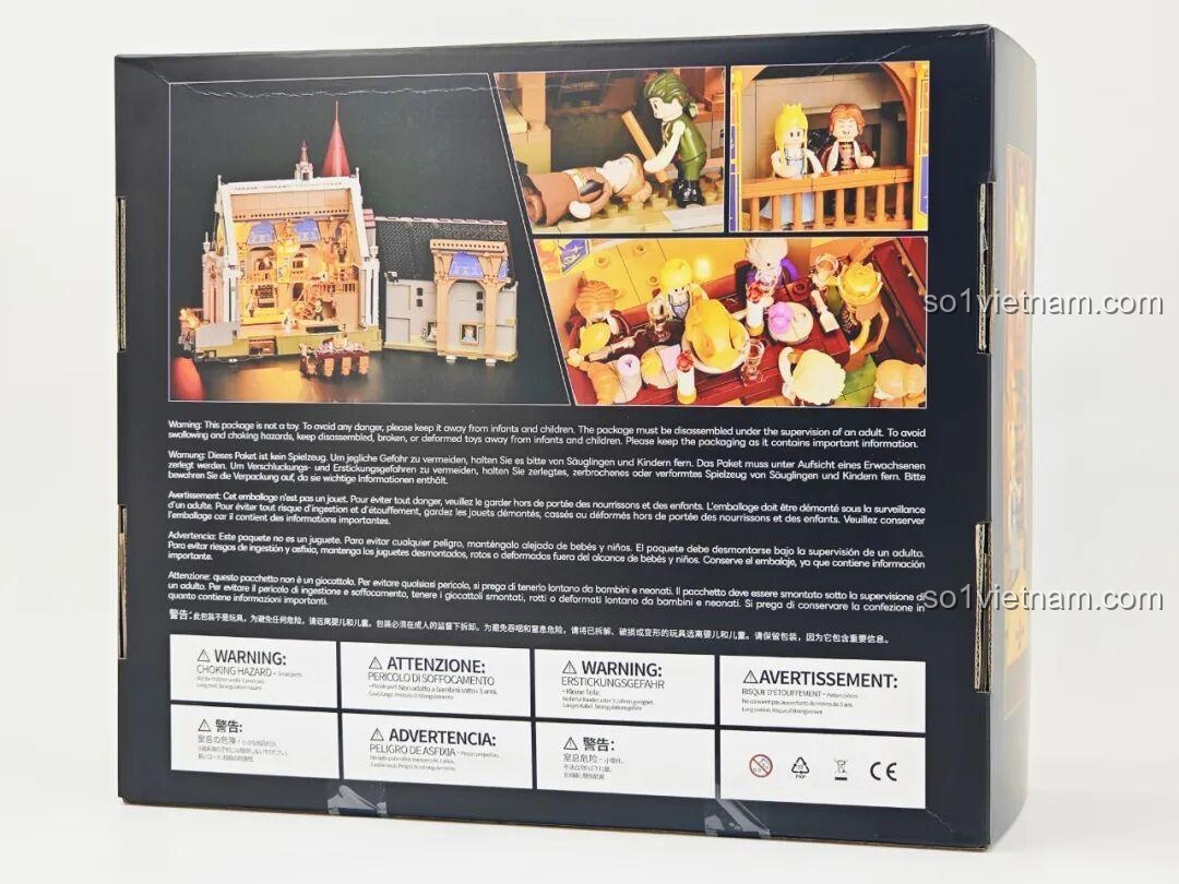 Mặt sau hộp bộ lắp ghép Lumibricks L9071 Sảnh Tiệc Hoàng Gia, chi tiết các minifigures và cảnh chơi, phù hợp thanh niên 16 tuổi, giá hời.