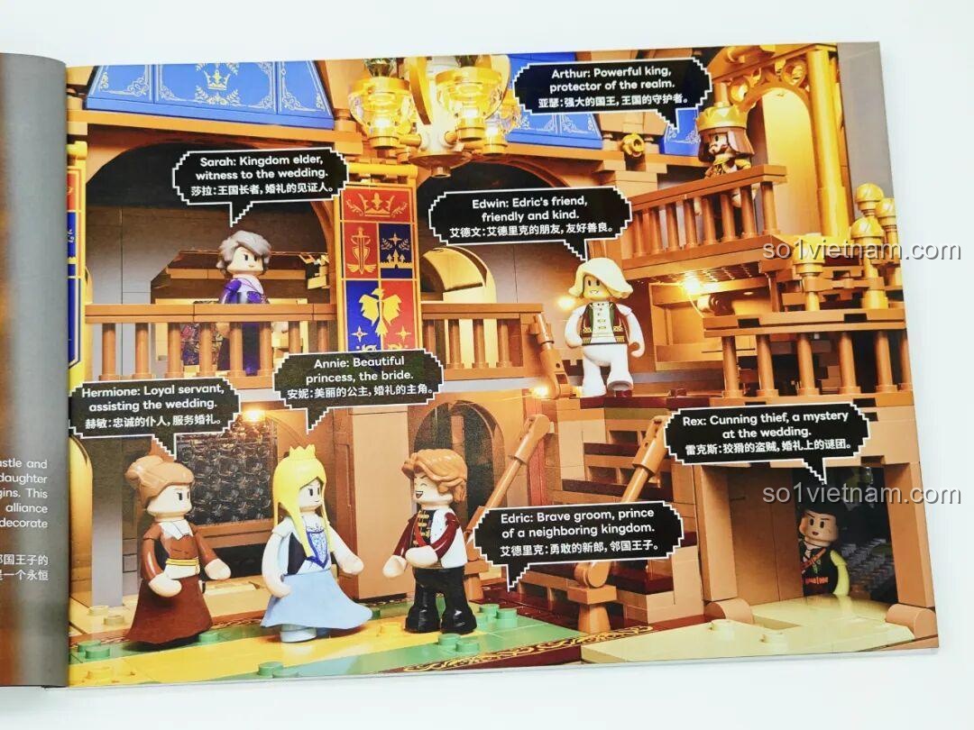 Trang hướng dẫn bộ xếp hình Lumibricks L9071 Sảnh Tiệc Hoàng Gia, giới thiệu chi tiết các minifigures, phù hợp thanh niên 16 tuổi, chất lượng cao.