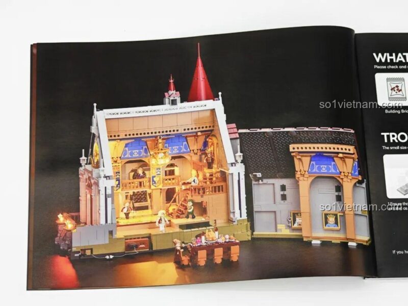 Trang hướng dẫn bộ đồ chơi Lumibricks L9071 Sảnh Tiệc Hoàng Gia, hiển thị nội thất bên trong lâu đài với đèn sáng, phù hợp thanh niên 16 tuổi, giá hời.