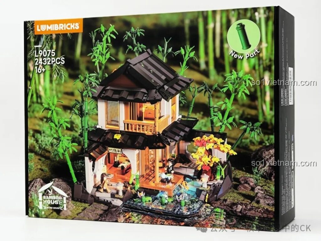 Mặt trước hộp bộ lắp ráp Lumibricks L9075 Nhà Trọ Rừng Trúc với hình ảnh mô hình hoàn thiện lung linh dưới ánh đèn LED.