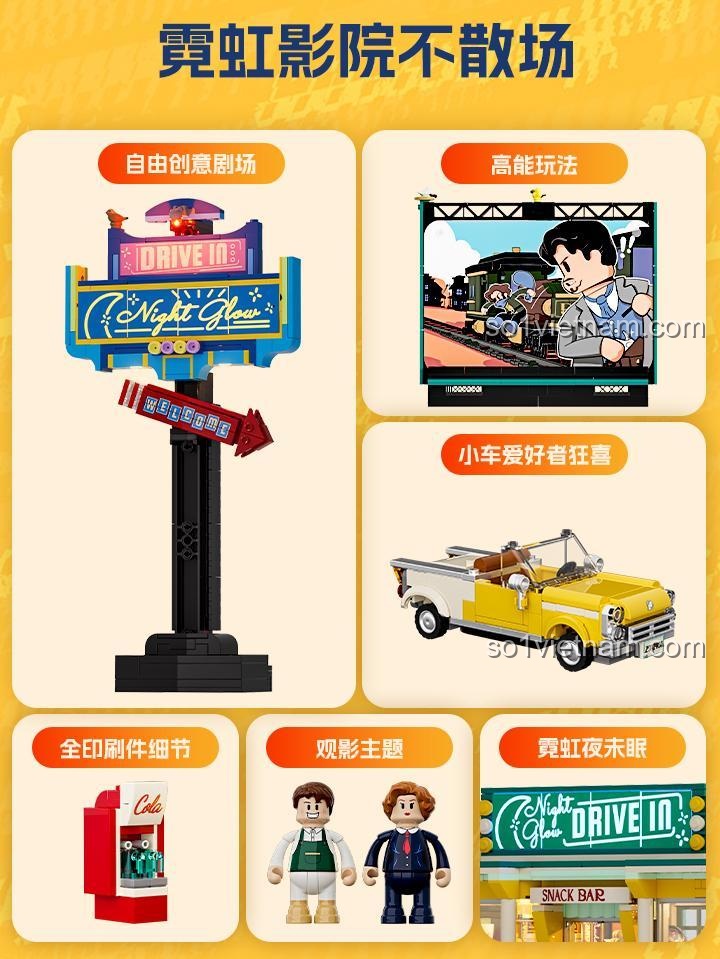 Tổng quan các tính năng của Rạp Chiếu Phim Drive-in Night Glow Lumibricks, bao gồm rạp chiếu phim di động, biển hiệu neon, chi tiết in, xe ô tô, đồ chơi mô hình L9081