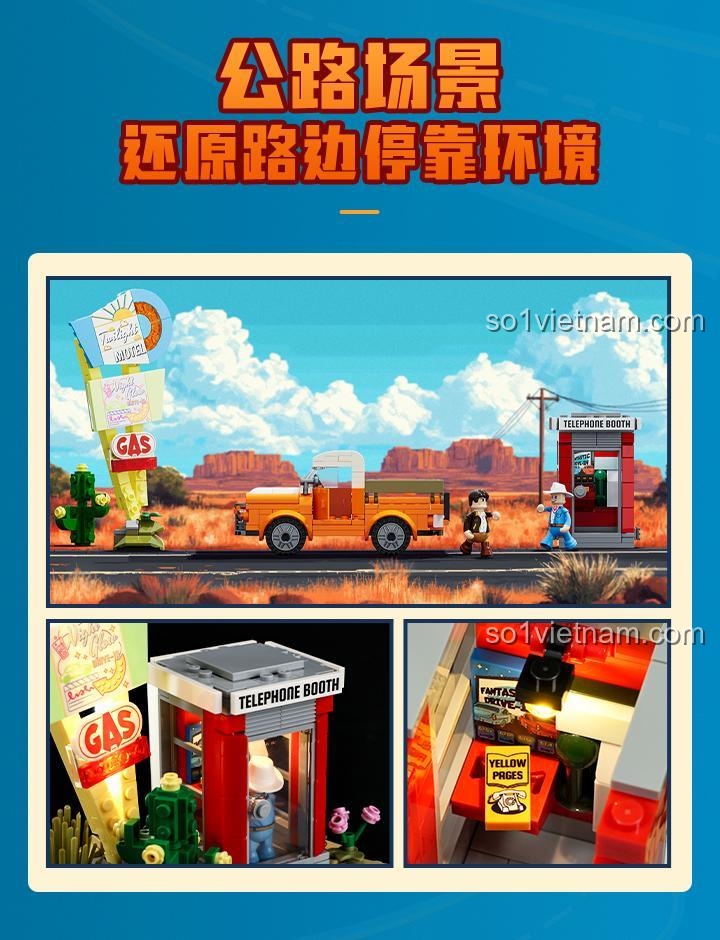 Trạm Dừng Chân Hoàng Hôn 9082 Lumibricks, cảnh quan đường cao tốc chi tiết, bốt điện thoại có đèn, sách vàng thu nhỏ, đồ chơi xây dựng cho con trai, giá tốt