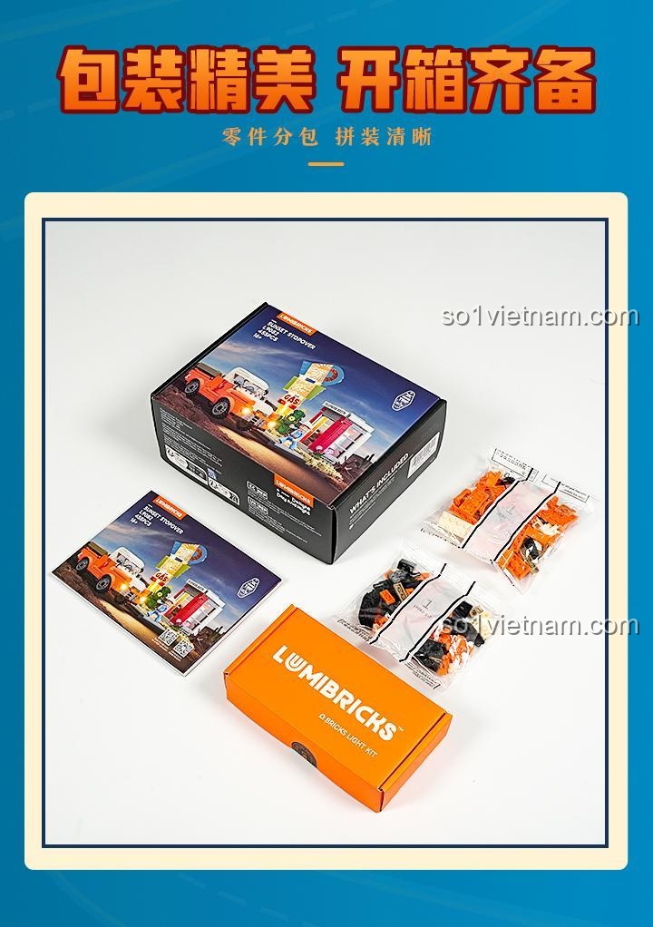 đồ chơi mô hình Trạm Dừng Chân Cùng Xe Bán Tải Lumibricks L9082, bao bì tinh xảo, mở hộp đầy đủ, phân chia mảnh ghép rõ ràng, đồ chơi xây dựng cho con trai 16 tuổi
