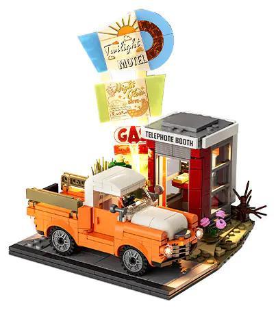 bộ đồ chơi Trạm Dừng Chân Hoàng Hôn Lumibricks L9082, mô hình trạm dừng chân kiểu Mỹ có đèn LED, kèm xe bán tải, phù hợp con trai 16 tuổi, giá tốt