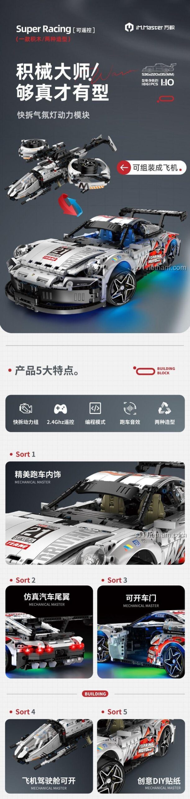 Siêu xe Porsche 911 万致IM.Master 9821 có thể lắp ráp thành 2 kiểu dáng, bộ đồ chơi xe đua tốc độ cao, tỉ lệ 1:10, có đèn LED và âm thanh, điều khiển từ xa, 1861 chi tiết, màu trắng xám đỏ, dành cho bé trai 14 tuổi