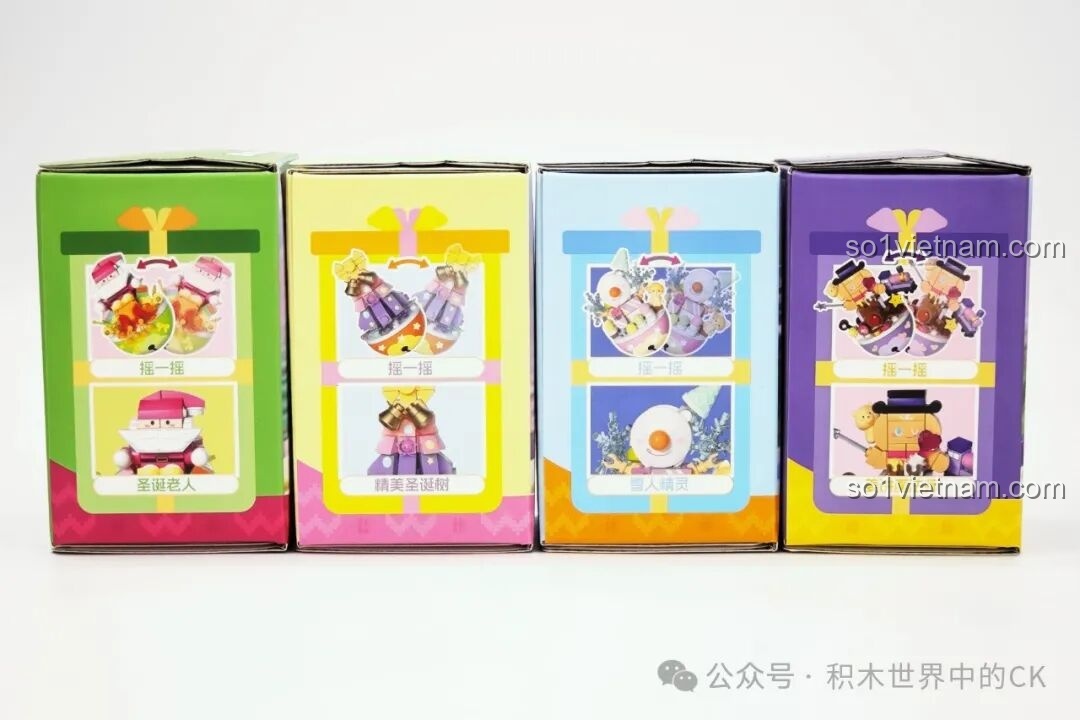 Mặt bên của các hộp lật đật Giáng Sinh SEMBO, cho thấy các chi tiết và tên gọi của từng bộ, bổ sung cho review SEMBO 605042.