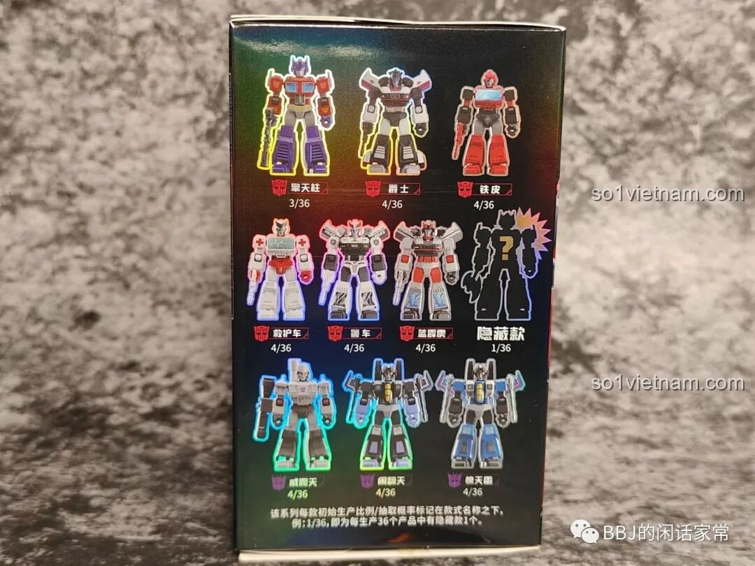 Mặt sau của hộp blind box BLOKEES 71100 hiển thị tất cả các nhân vật có thể sưu tập và tỉ lệ xuất hiện của chúng, bao gồm cả một nhân vật ẩn.