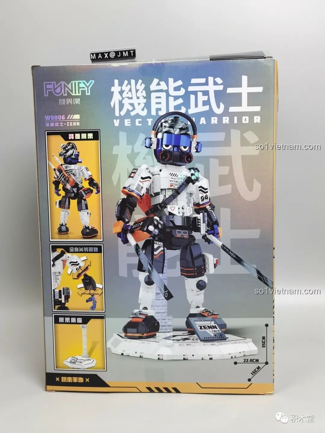 Mặt sau hộp FUNIFY W9006 Chiến Binh Cơ Khí ZENN hiển thị các chi tiết mô hình, tư thế tạo dáng linh hoạt và kích thước sản phẩm, giúp mẹ dễ dàng lựa chọn.