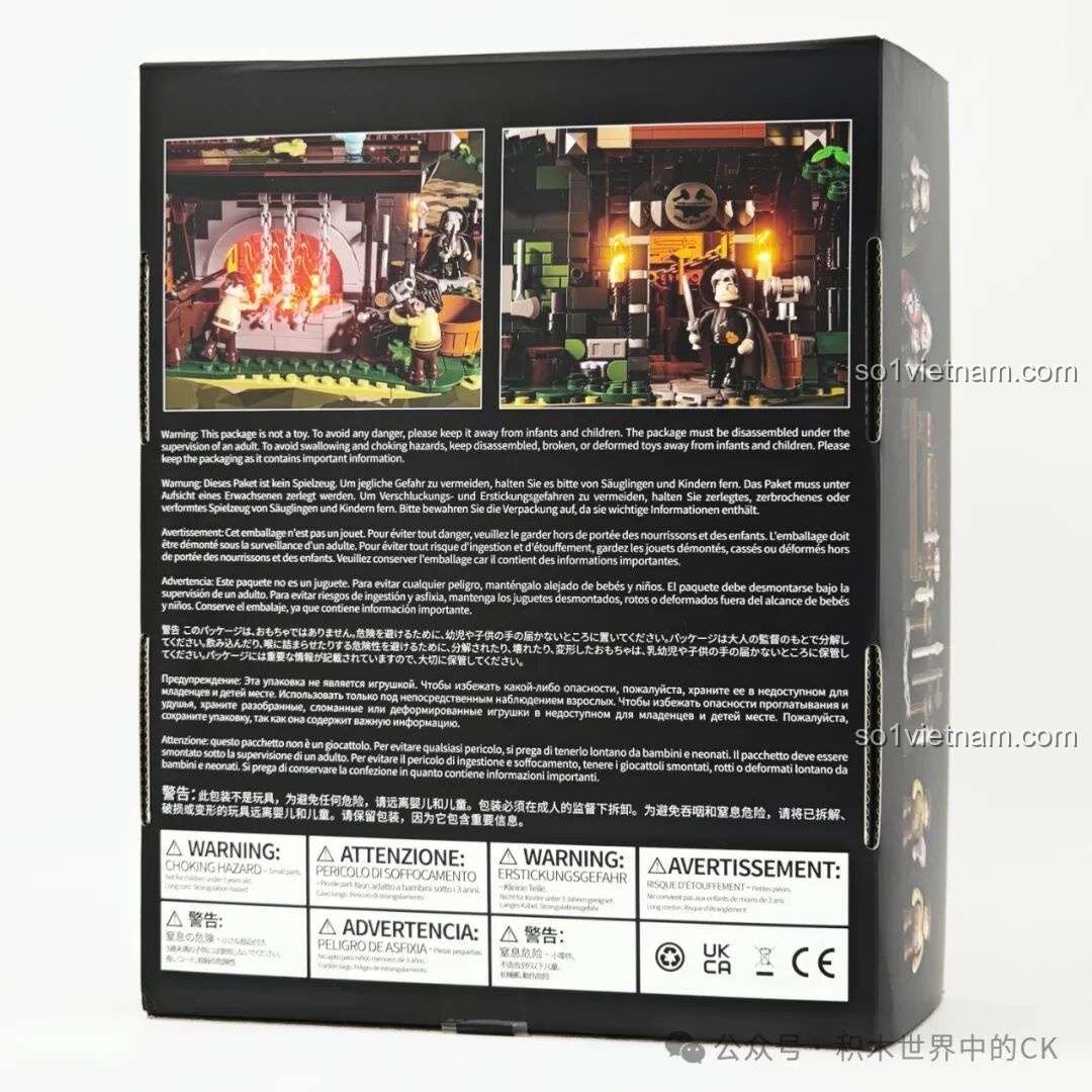 Mặt sau của hộp đồ chơi xây dựng Lò rèn thời trung cổ Funwhole F9040, hiển thị các cảnh chi tiết bên trong mô hình.