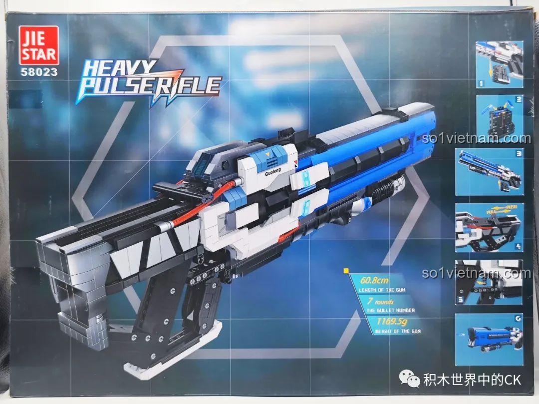 Mặt sau hộp đồ chơi mô hình súng khoa học viễn tưởng 8023, thể hiện các tính năng và kích thước của mô hình.