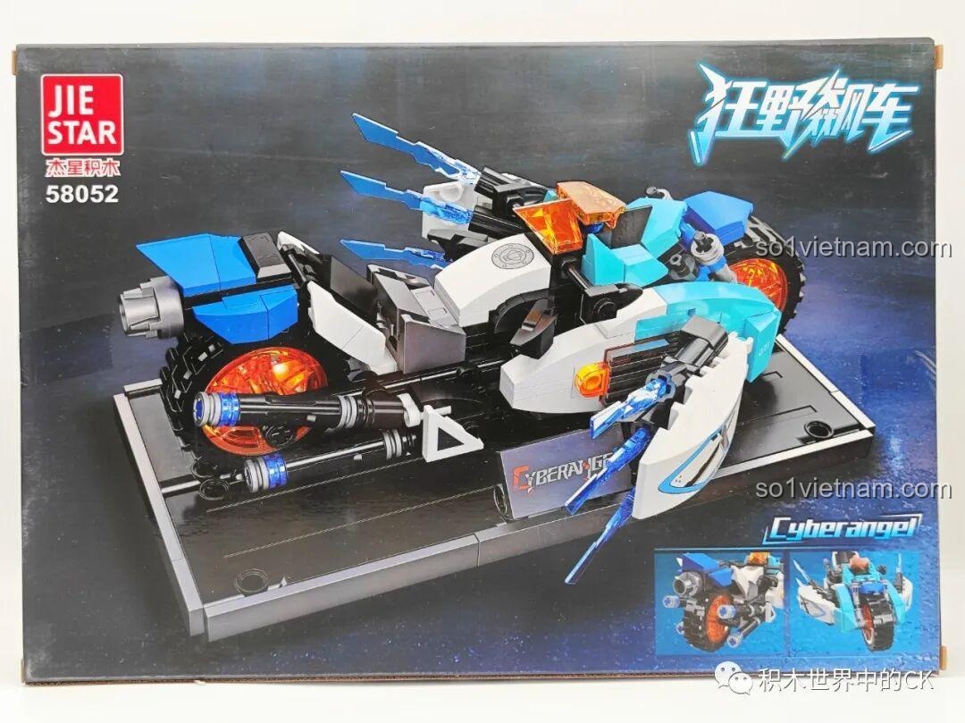 Mặt sau hộp mô hình xe máy tương lai Cyberangel JIESTAR 58052 hiển thị mô hình trên đế trưng bày và 2 dạng lắp.