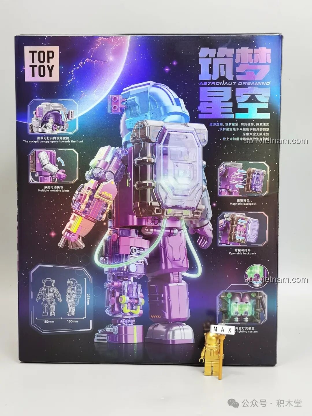 Mặt sau hộp đồ chơi TOP TOY 1412 Phi Hành Gia Mộng Mơ, giới thiệu các tính năng nổi bật như đèn LED và ba lô nam châm.