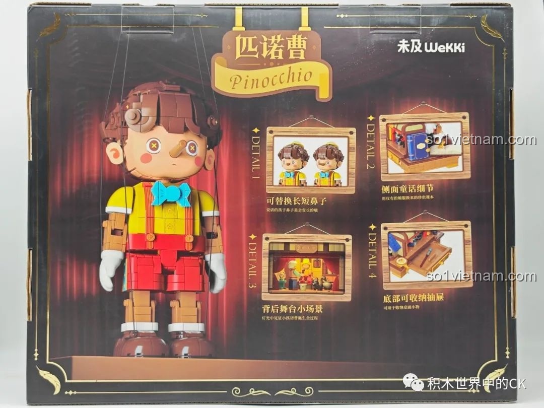 Mặt sau hộp mô hình Pinocchio Wekki 6186 hiển thị các chi tiết nổi bật như mũi dài, sân khấu múa rối và ngăn kéo bí mật.