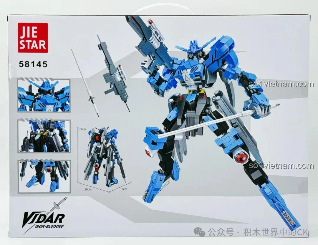 Mặt sau hộp mô hình Robot Vidar JIESTAR 58145 hiển thị các góc nhìn khác nhau của robot và kích thước sản phẩm hoàn chỉnh.