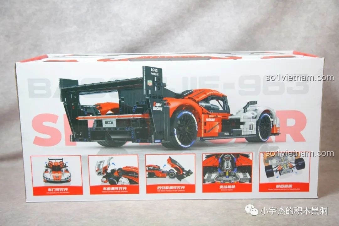 Mặt sau hộp bộ lắp ráp Porsche 963 Sportcar với các chi tiết mô tả