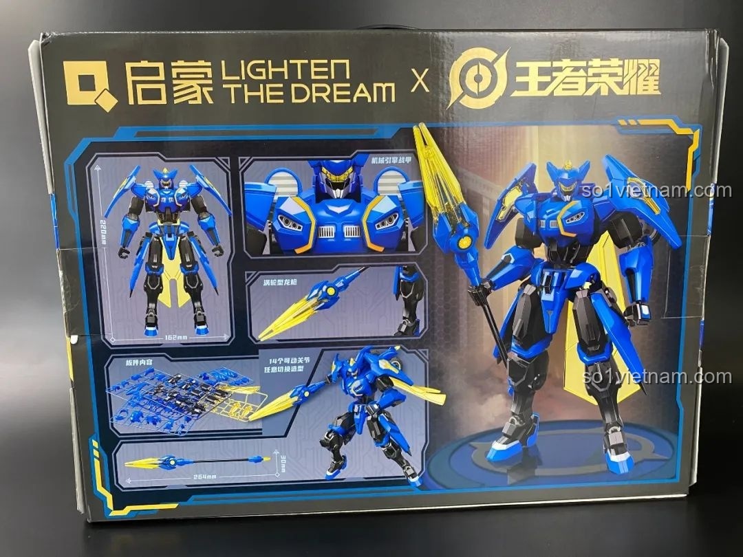 Mặt sau hộp đồ chơi Mecha Triệu Vân QMAN 78005, giới thiệu các tính năng, khớp cử động và vũ khí đi kèm.