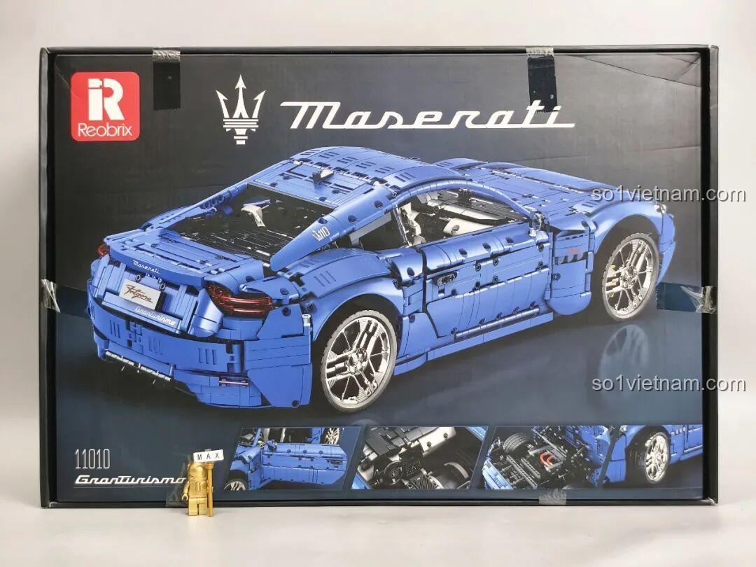 Mặt sau hộp Reobrix 11010 Maserati GranTurismo 1:8 hiển thị các chi tiết và tính năng nổi bật của mô hình.