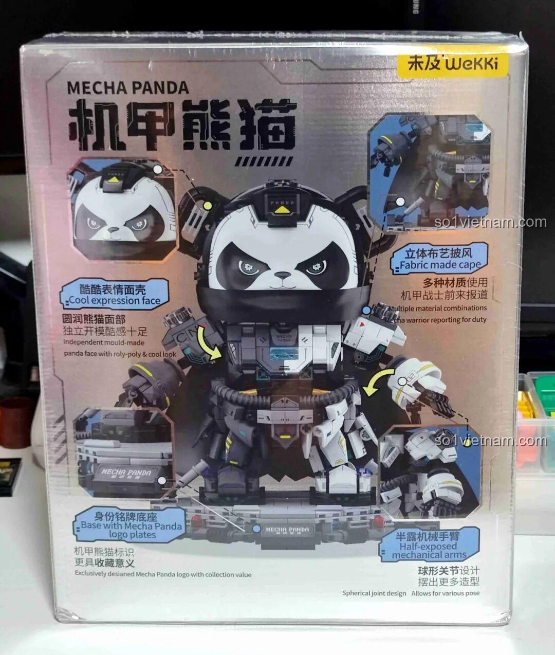 Mặt sau hộp đồ chơi xây dựng Mecha Panda cho bé 6+ Wekki 506507, mô tả các tính năng nổi bật của robot.