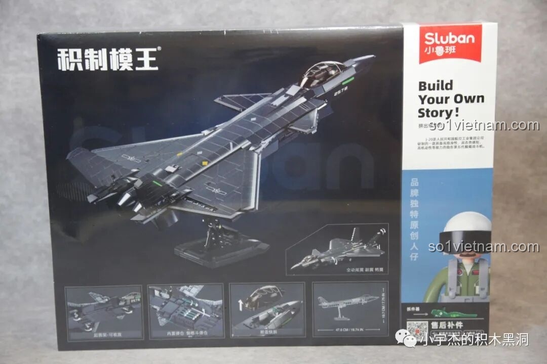 Mặt sau hộp bộ lắp ghép Sluban J-20 M38-B1187 Tiêm Kích Tàng Hình Sơn Kim Loại, hiển thị các tính năng và kích thước mô hình hoàn thiện.
