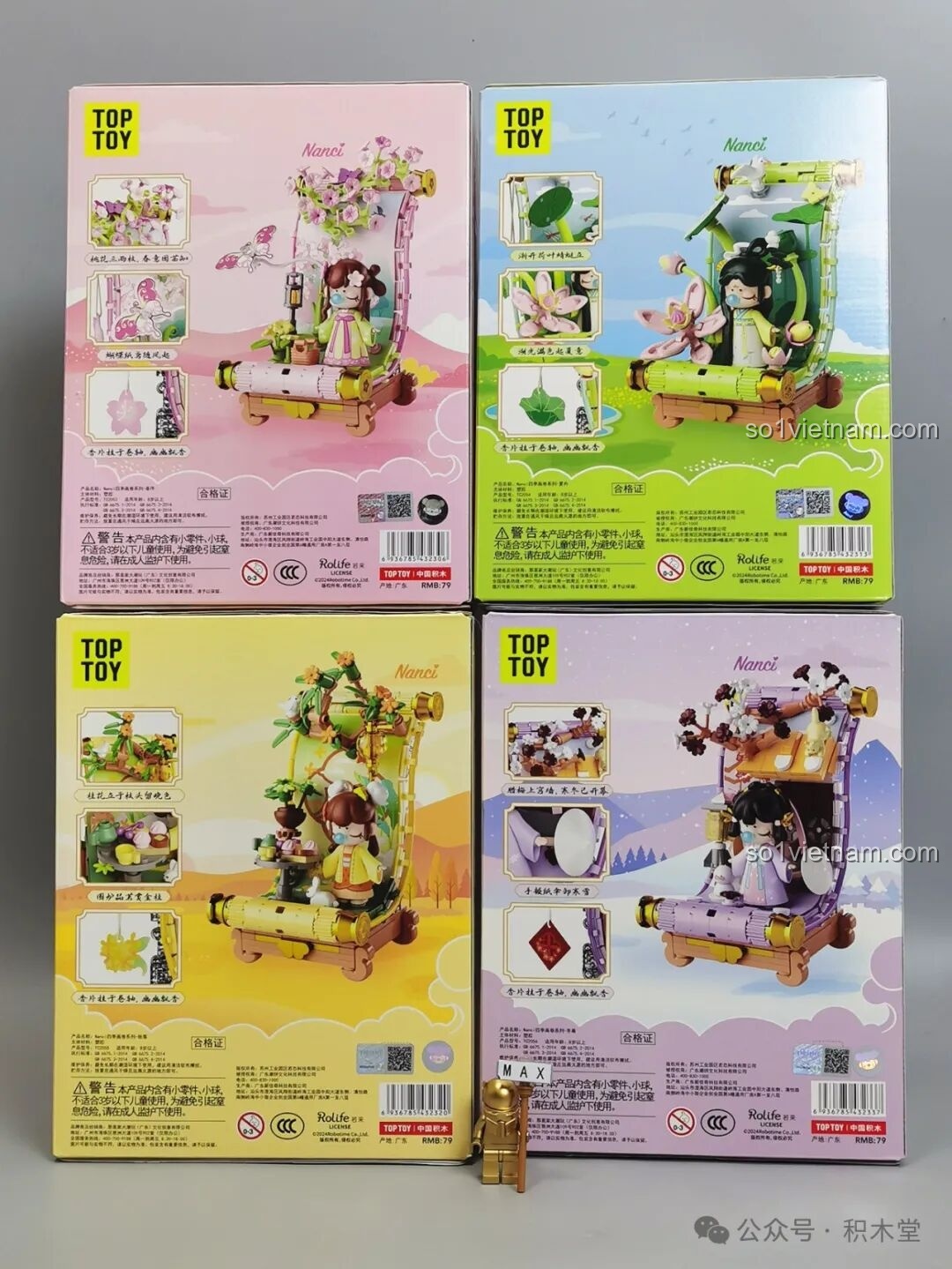 Mặt sau của 4 hộp đồ chơi lắp ráp TOP TOY Nanci Cuộn Tranh Tứ Quý với thông tin chi tiết và hình ảnh mô hình hoàn thiện.