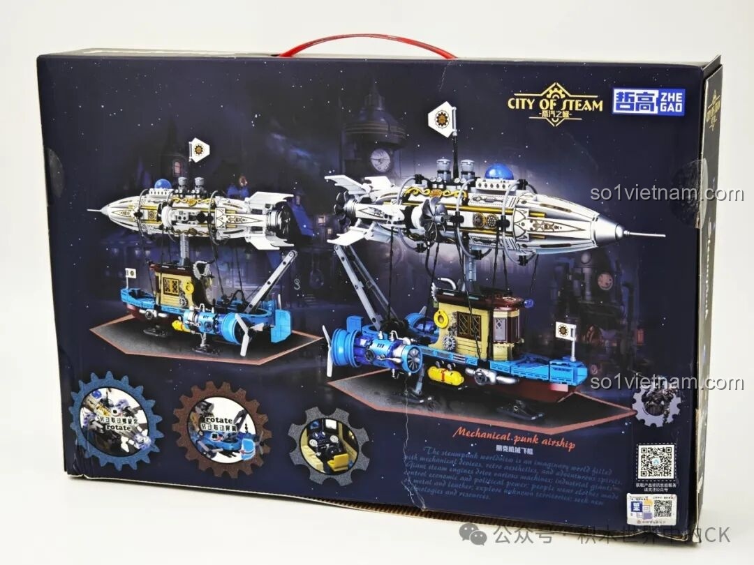 Mặt sau hộp ZHEGAO 958015 hiển thị các góc nhìn khác nhau và tính năng của mô hình Khí cầu Steampunk.