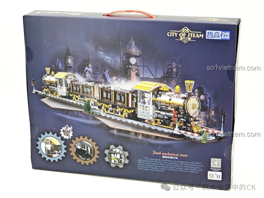 Mặt sau hộp bộ xếp hình Xe Lửa Cơ Khí Steampunk 958016 hiển thị các chi tiết và kích thước của mô hình.