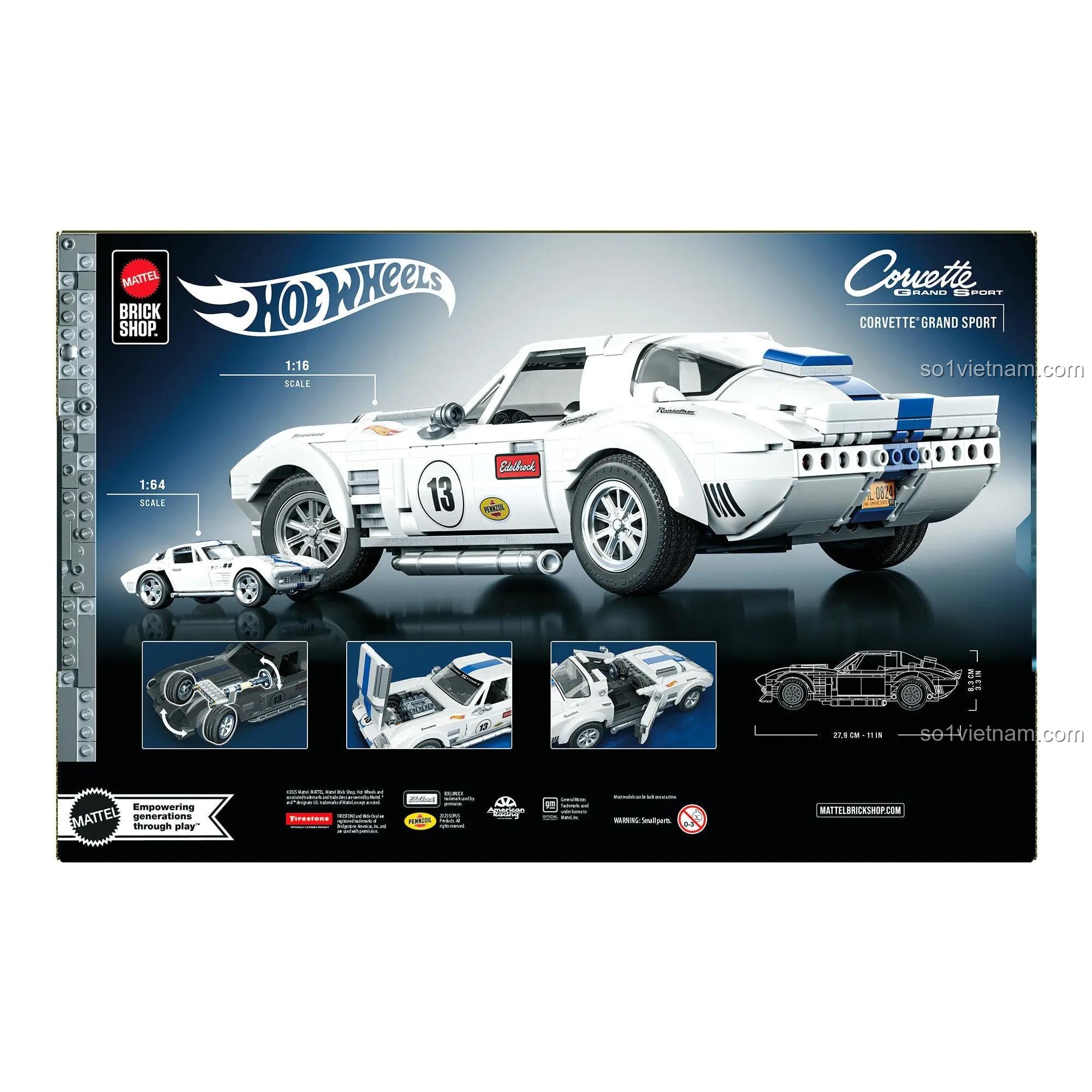 Mặt sau hộp đồ chơi mô hình Mattel JGR31 Corvette Grand Sport, thể hiện kích thước và tính năng.