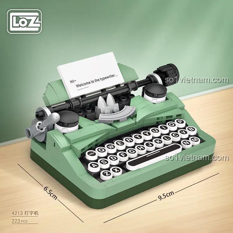 Kích thước máy đánh chữ cổ điển LOZ 4213: 9.5x6.5x4cm, bộ lắp ghép 223 mảnh, đồ chơi máy đánh chữ, mô hình máy đánh chữ retro, quà tặng độc đáo cho bé 6 tuổi