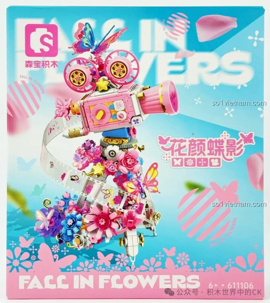 Hộp bộ lắp ráp Máy quay phim cổ điển Hoa Hồng Bướm Sembo 611106 với hình ảnh máy quay được trang trí hoa và bướm
