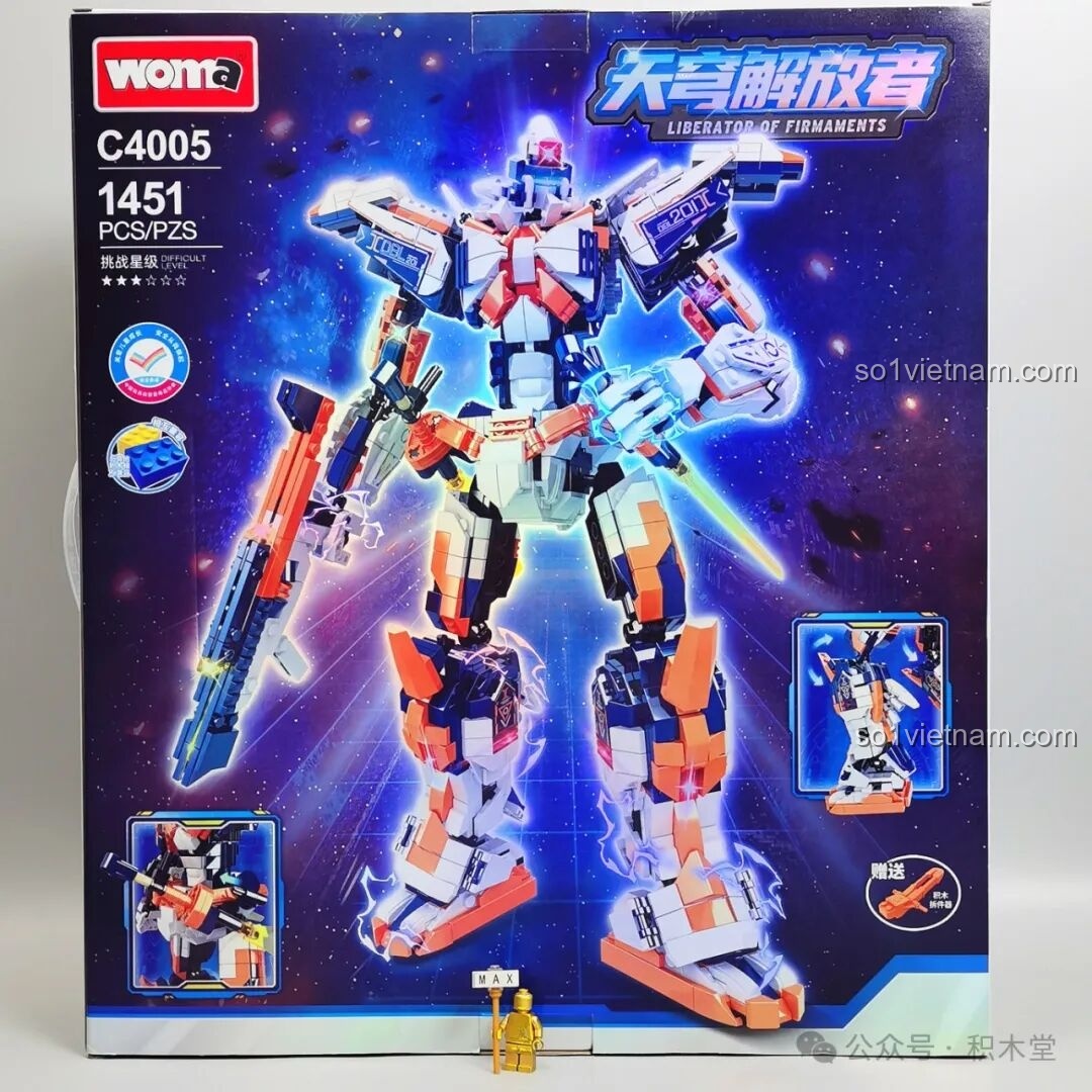 Mặt trước hộp bộ lắp ghép WOMA C4005, nổi bật với hình ảnh mecha chiến binh Thiên Khung Giải Phóng Giả trong không gian vũ trụ, cùng các thông tin về số mảnh ghép và hãng sản xuất.