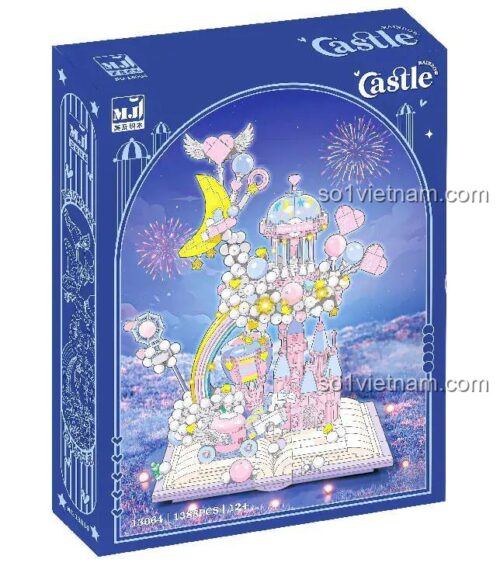 Hộp sản phẩm Mei Ji 13064 Lâu Đài Trên Không bộ lắp ghép đồ chơi mô hình cho bé gái 12 tuổi, 1388 mảnh, màu hồng, xanh dương, trắng, vàng, thiết kế tinh xảo, màu sắc pastel, giá tốt