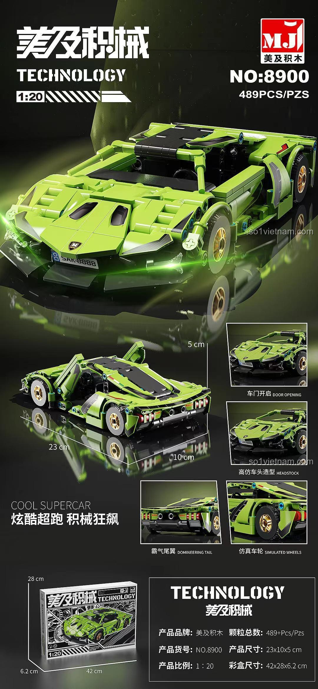 bộ lắp ghép Siêu xe Lamborghini Mei Ji 8900 tỉ lệ 1:20, mô hình có kích thước 23x10x5 cm, đáng tiền cho bé trai 6 tuổi