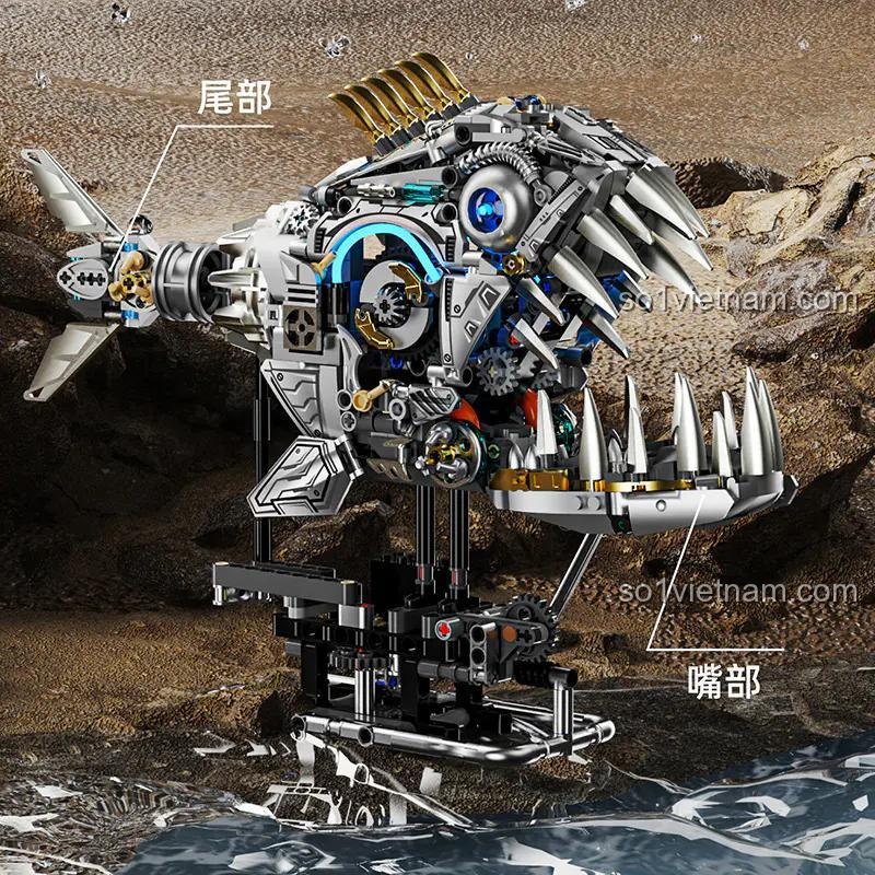 Chi tiết mô hình Cá Hổ Cơ Khí MeiJi 13092 Cyberpunk với 1085 mảnh ghép, có đèn LED hai bên, đồ chơi lắp ghép cho bé trai 12 tuổi